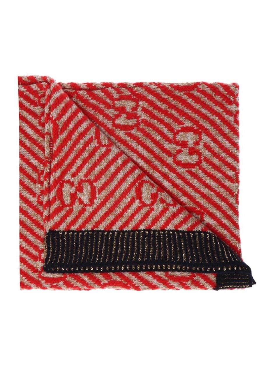 NWT Gucci GG Supreme Wool Blend Red/Gold Striped Logo Jacquard Unisex Scarf